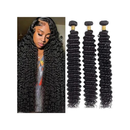 Brazilian Deep Wave Human Hair 3 Bundles 16 18 20Inch Deep Curly Weave Bundles 100 % Unprocessed Virgin Human Hair Wet and Wavy Deep Wave Hair Bundles Weft Extensions Natural Black