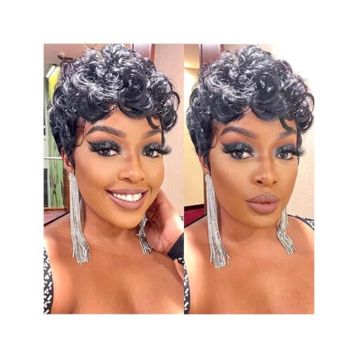 Short Human Hair Wigs for Black Women Short Curly Pixie Cut Wig Human Hair Black Wigs Brazilian Remy Human Hair Glueless Full Machine Made ( Natural black )