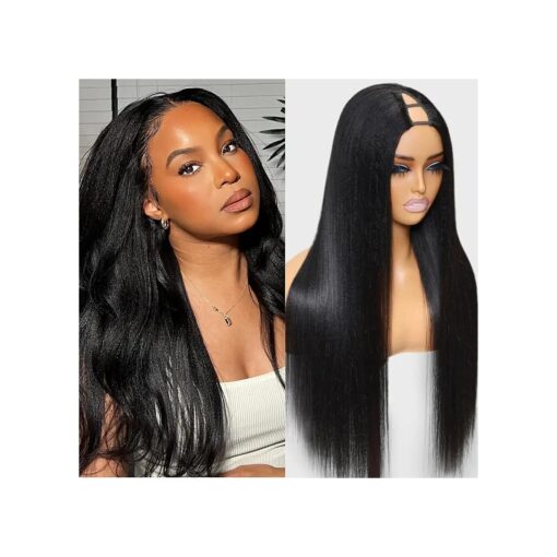 KLAIYI V Part Wig Yaki Straight Human Hair Glueless Upgrade U Part Wigs for Women Machine Made Clip In Half Wigs No Leave Out Real Scalp V Shape Kinky Wig Beginner Friendly Natural Black Color 16inch