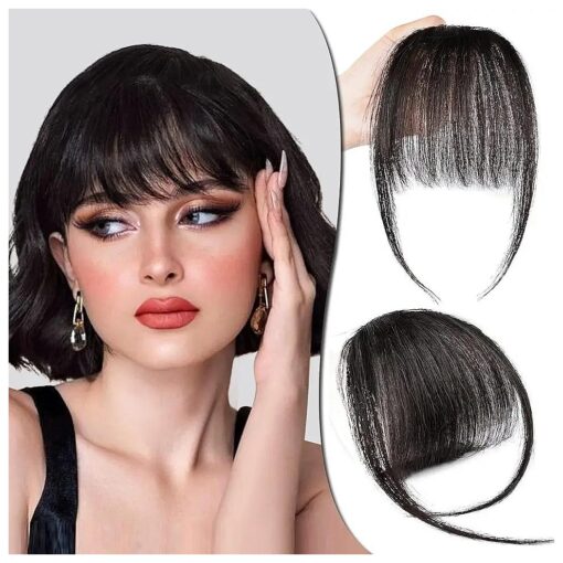 Clip in Bangs, 100 % Human Hair Bangs Hair Clip on Bangs Wispy Bangs Hairpieces Air Bangs Hair Clip Flat Bangs Curved Bangs for Daily Wear ( Natural Black )