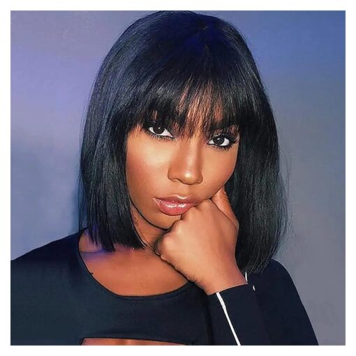 MIMAN 10 Inch Short Bob Wigs for Black Women Human Hair Glueless Bob Wigs with Bangs 130 % Density Straight Black Wig None Lace Front Natural Hair Replacement Wigs