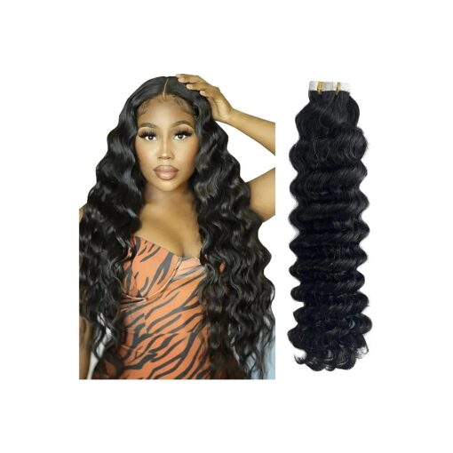 Deep Wave Tape in Hair Extensions Human Hair Seamless Natural Black 16 Inch Invisible Curly Tape ins for Black Women Human Hair Skin Weft 100 % Remy Human Hair Extensions 50g 20pcs