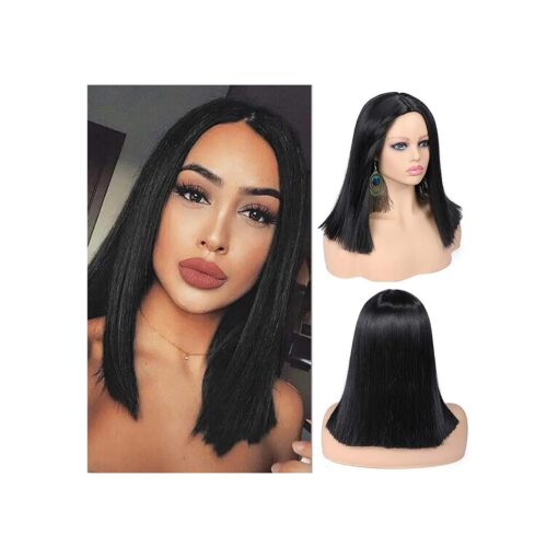 Quick Wig Short Straight Bob Wigs Black Short Wig Middle Part Synthetic Wigs Shoulder Length Daily Cosplay Party Wigs for Women 14 inches