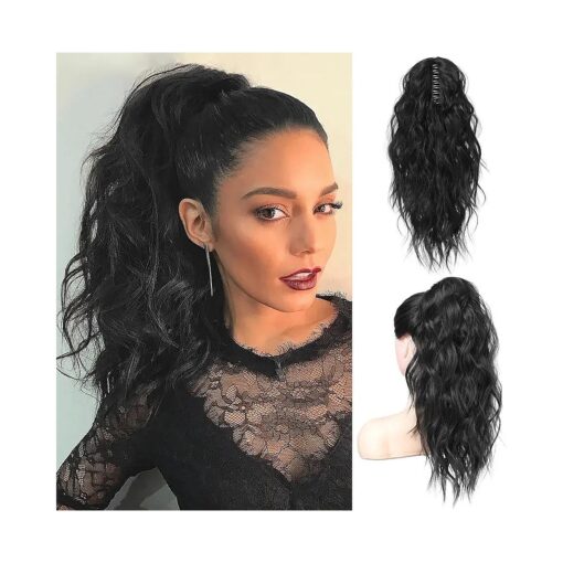 Flufymooz Ponytail Extension, 18 Inch Claw Clip Ponytail Extension, Wavy Curly Claw Clip in Ponytail Hair Extensions, Natural Fake Ponytail Synthetic Hairpiece for Women ( Natural Black )