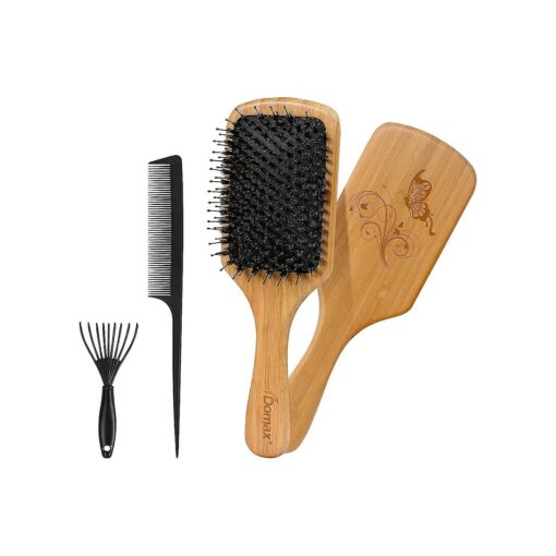 Boar Bristle Bamboo Hair Brush Set Natural Wooden Paddle Detangler Hair Brush for Men Women Kids Curly Straight Thick Thin Long Short Hair