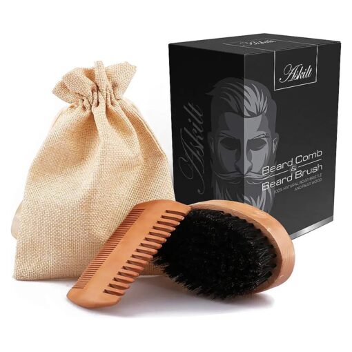 Beard Comb & Beard Brush Set Natural Boar Bristle Brush and Dual Action Pear Wood Comb to Spread Balm or Oil for Growth - Softness Exfoliates Skin Helps Softening and Conditioning