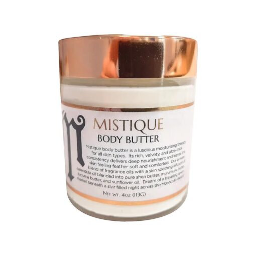 Mistique body butter, sandalwood, patchouli and spices, rich, all over body moisturizer with tucuma butter and deep skin conditioning