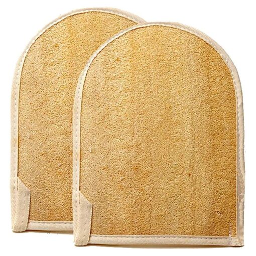 Premium Natural Exfoliating Loofah Glove Pad Body Scrubber by Spa Destinations, Mitt Sponge Biodegradable Bath and Shower Luffa Sponge, Women and Men ( 2 Pack ) Beige