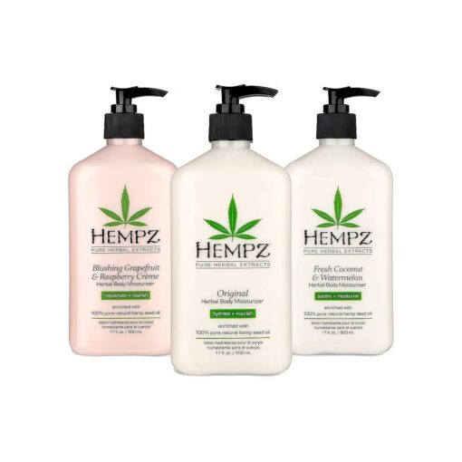 Hempz Original Herbal Body Moisturizer + Fresh Coconut & Watermelon Moisturizer + Blushing Grapefruit & Raspberry Creme Herbal Body Moisturizer, 17 Fl Oz, 3 Pack Bundle - Vitamin Infused Lotion