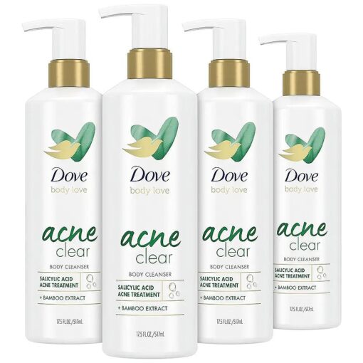 Dove Body Love Body Cleanser Acne Clear 4 Count For Acne-Prone Skin Body Wash with Salicylic Acid and Bamboo Extract 17.5 fl oz