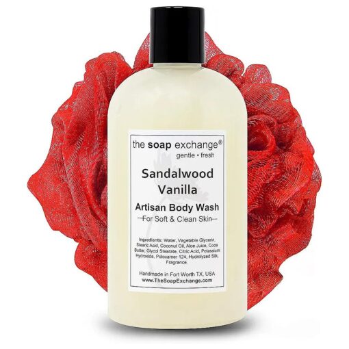 Body Wash - Sandalwood Vanilla Scent - Hand Crafted 12 fl oz / 354 ml Natural Artisan Liquid Soap for Hand, Face & Body, Shower Gel, Cleanse, Moisturize, & Protect, Made in USA .