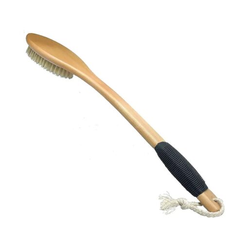 Bath Brush Wooden Curved Long Handle Antiskid Shower Brush for Exfoliating, Natural Bristle Scrubber for Back Use Wet or Dry