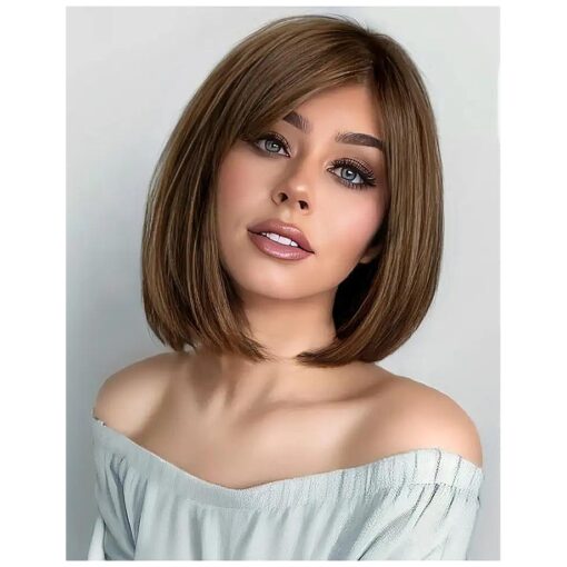 HAIRCUBE Light Brown Bob Wigs for Women 12Inch Lace Front Wig Shoulder Length Straight Hair Side Parting