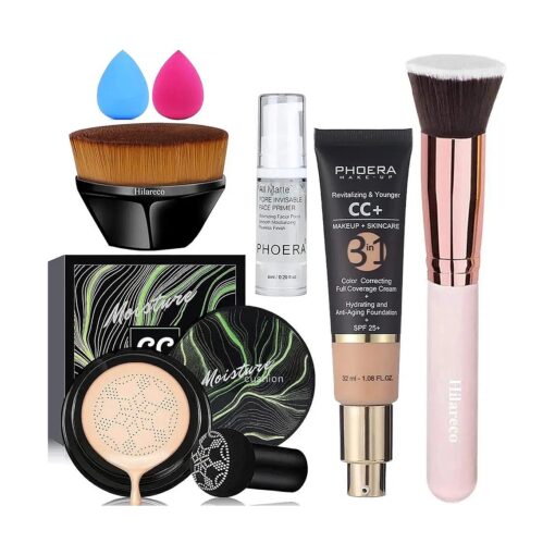 Air Cushion CC Cream Natural Foundation, PHOERA CC+ Cream Color Correcting Anti Aging Hydrating Serum & SPF 25+, PHOERA Face Primer, Kabuki Brush Foundation Brush Makeup Sponge ( # 02Natural CC +120 Nude )