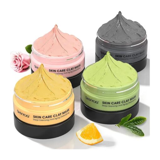 4 Pcs Clay Facial Mask Set - Turmeric, Vitamin C, Green Tea, Dead Sea Mud, and Rose Clay for Deep Cleansing, Moisturizing, and Refining Pores - 240g