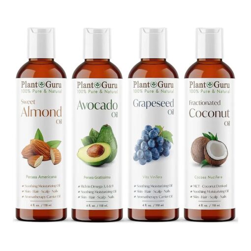 Carrier Oil Variety Set 4 oz, Cold Pressed 100 % Pure Natural Sweet Almond, Avocado, Coconut Fractionated, Grapeseed, for Aromatherapy Essential Oils, Skin & Hair Growth, Moisturizer, Body Massage .