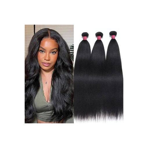 Beauty Forever Yaki Kinky Straight Bundles Human Hair,3 Bundles 12A Grade 100 % Unprocessed Mongolian Virgin Human Hair Weave Extensions Natural Color 14 16 18inch