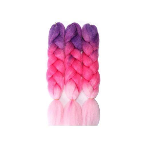 Kanekalon Ombre Braiding Hair, 3Tone Braiding Hair Extensions Feed in Hair for Braids, 3Pack Kanekalon Braiding Hair for Twist Braids Color Purple Peach Red Pink 24" 3PCS