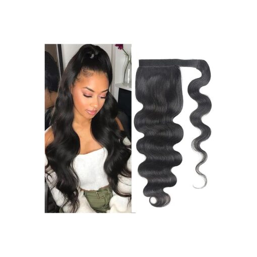 Brazilian Virgin Body Wave Human Hair Ponytail Extensions 18Inch Magic Paste Wrap Around Body Wave Human Hair Ponytails Natural Color For Black Women