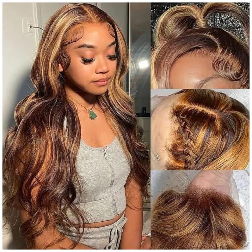 30 Inch Honey Blonde Lace Front Wigs Human Hair Pre Plucked Body Wave 13x4 Highlight Lace Front Wig Human Hair with Baby Hair Ombre HD Transparent Frontal wigs for Black Women 4/27 Colored Wig