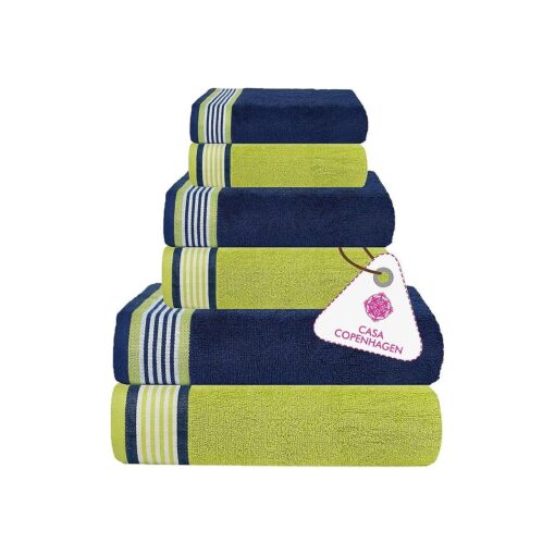 CASA COPENHAGEN Designed in Denmark 550 GSM 2 Large Bath Towels 2 Large Hand Towels 2 Washcloths, Super Soft Egyptian Cotton 6 Towels Set for Bathroom, Kitchen & Shower - California Blue & Green