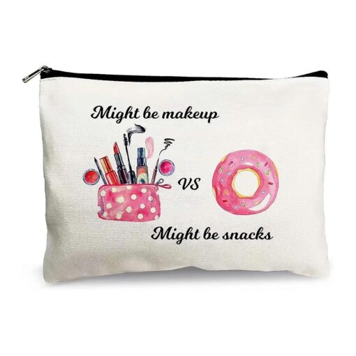 Cute Makeup Cosmetic Bags for Women - Might Be Makeup Might Be Snacks - Funny Travel Bags Cotton Zipper Pouch Toiletry Make-Up Case for Best Friends Teen Girls Sister Daughter Birthday Christmas Gifts