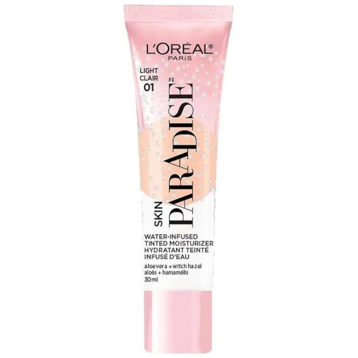 L'Oreal Paris Skin Paradise Water-infused Tinted Moisturizer with Broad Spectrum SPF 19 sunscreen lightweight, natural coverage up to 24h hydration for a fresh, glowing complexion, Light 01, 1 fl oz