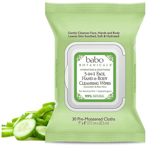 Babo Botanicals Swim & Sport 3-in-1 Face, Hand & Body Cleansing Wipes - with Natural Cucumber & Aloe Vera, Cucumber Aloe - For Babies, Kids or Extra Sensitive Skin - 30 ct