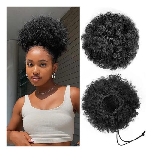 Afro Puff Drawstring Ponytail for Black Women, Short Kinky Curly Afro Ponytail Synthetic Hair Puffs, Premium Black Afro Bun Drawstring Ponytail for Women Girls ( 1B Natural Black )