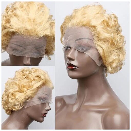 613 Pixie Cut Short Hair Brazilian Human Hair Blonde Color 13x4 Lace Front Wig Fashion Style Natural Curly Front Lace Wig for Women ( 613 Pixie Cut )