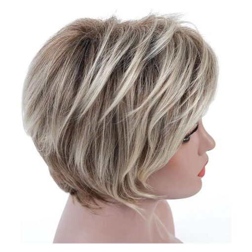 Rosa Star Short Wig Ombre Brown Mixed Blonde Hair Wigs Natural Curly with Bangs Synthetic Hair Fibers Heat Resistant Full Wig for Women