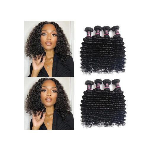 Deep Curly Human Hair 4 Bundles ( 10 10 10 10 ) 100 % Unprocessed Brazilian Virgin Deep Wave Hair Weave 4 Bundles Human Hair Deep Curly Hair Extensions Natural Color 50g/bundle