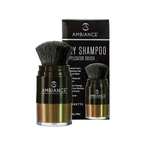 Ambiance Natural Dry Shampoo Powder & Brush for Dark Hair - Non Aerosol Travel Size Brunette Tinted Shampoo - Non Toxic, Benzene Free - Volumizing, Refreshes Oily Hair & Covers Roots Between Colorings