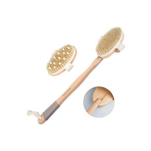 Dry Brushing Body Brush, POPCHOSE Body Scrubber for Men Women, Back Scrubber for Shower, Natural Bristle Exfoliator Scrubber for Body Cellulite and Lymphatic, Long Handle, Detachable, Dual Brush Heads