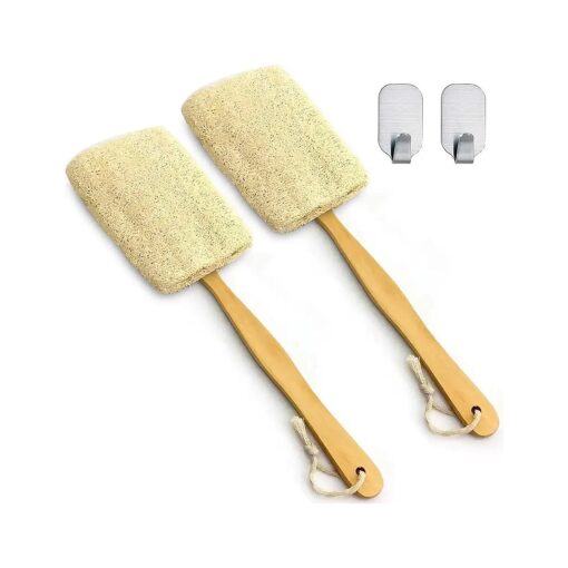 2 Pack Natural Exfoliating Loofah Luffa Loofa Bath Brush On a Stick, Shower Sponge Back Scrubber with Long Wooden Handle for Men & Women, Deep Clean and Invigorate Your Skin Back Brush