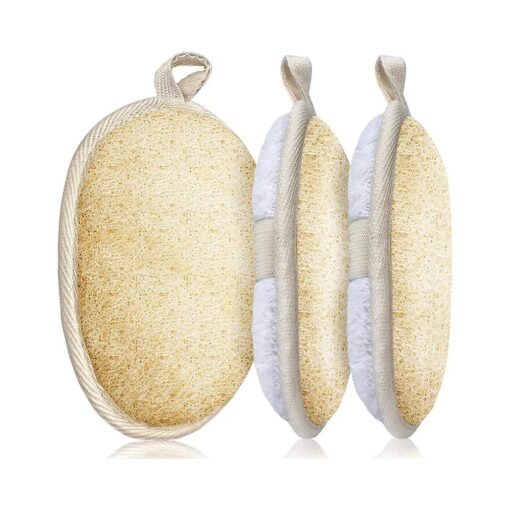 3 Packs Exfoliating Loofah Sponge Pads, Large 5" x 7" -100 % Natural Luffa and Terry Cloth Materials, Premium Loofa Sponge Scrubber Body Glove Close Skin for Men and Women, Perfect for Bath Spa and Shower