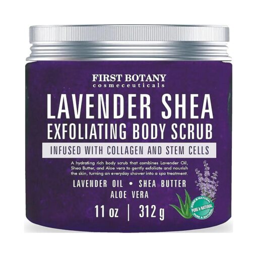 First Botany, Lavender Oil Body Scrub Exfoliator with Shea Butter Stem Cells Grapefruit Oil Exfoliating Salt Scrub Body Face Souffle helps Moisturizing Skin Acne Cellulite Dead Skin Scar Wrinkle 11oz