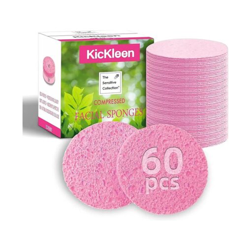 60-Count Compressed Facial Sponges|100 % Natural Kickleen Cellulose Cosmetic Spa Sponges for Daily Facial Cleansing|Makeup and Mask Removal | Exfoliating | Skin Massage | Pore Exfoliation ( Pink )