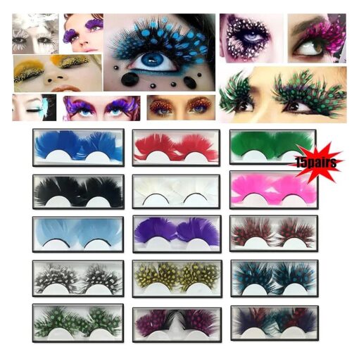 15 Pairs Feather False Eyelashes Eye Lashes- Natural Handmade Reusable Extensional Charming Sexy Funny Ladies Styles- Deluxe Party Stage Dance Costume