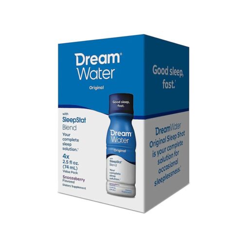 Dream Water Sleep Aid Supplement Drink ; Melatonin 5mg, GABA, 5-HTP ; Zero Sugar, Natural Flavors, No Added Colors, 2.5 oz Liquid Sleep Shots, Snoozeberry, 4-Count