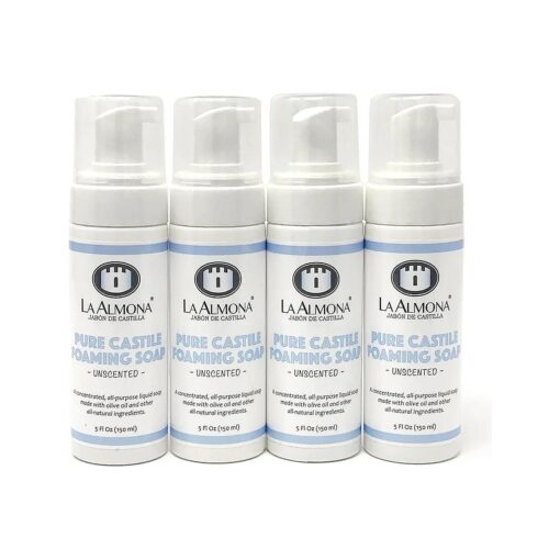 Pure Castile Liquid Soap, UNSCENTED, 5 Fl Oz - Pack of 4 Foaming Bottles - Multipurpose, For Sensitive Skin, All-Natural Ingredients, Fragrance Free