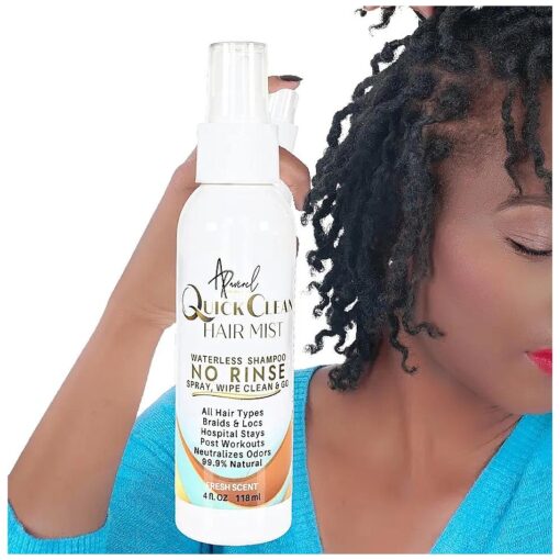 Quick Clean Hair Mist, All Natural Formula, No Rinse Shampoo, Eliminates BuildUp, Odor, Itch & Flakes, Braids, Twists, Locs, Weaves & All Hair Types Stimulates Follicles 4oz