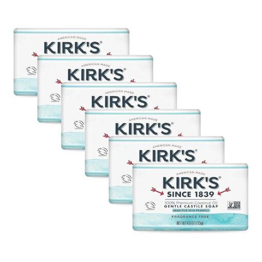 Kirk 's Castile Bar Soap Clean Soap for Men, Women & Children | Premium Coconut Oil | Sensitive Skin Formula, Vegan | Fragrance-Free/Unscented | 4 oz, Bars - 6 Pack