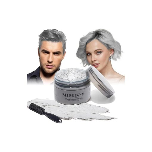 Temporary Silver Gray Hair Spray Color Wax with Dye Brush, Instant Natural Hairstyle Cream 4.23 oz, Disposable Coloring Mud for Men Women Youth, Grey Styling Pomades, Party Cosplay DIY Halloween