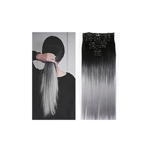 Ombre Straight Clip in Hair Extensions 22 Inches 6PCS Full Head Black Gray Hairpieces for Women Girls Gift ( Straight,22 inch, Natural black to gray )