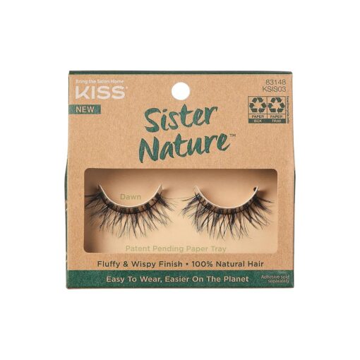 KISS Sister Nature False Eyelashes, Dawn ', 12 mm, 100 % Natural Hair, Recyclable Paper Box, Printed with Soy Ink, Cruelty Free, Vegan, Includes 1 Pair of Reusable Strip Lashes