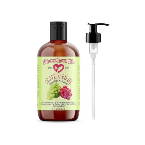 Natural Born Oils Grape Seed Oil, 16oz, Organic, Cold-Pressed, Nutrient-Dense, Deep Skin Nourishment, Hair Revitalization