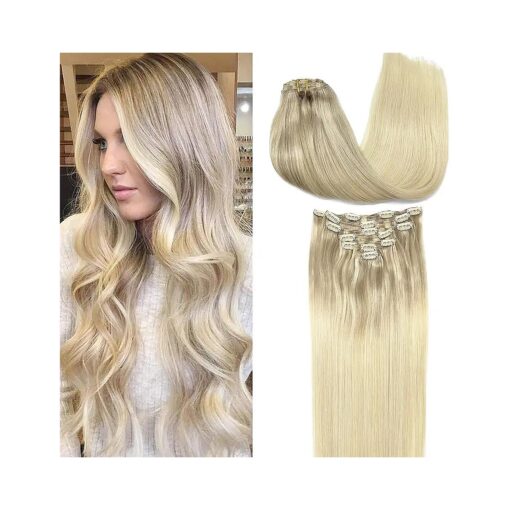 GOO GOO Clip in Hair Extensions Real Human Hair, 18inch 120g 7Pcs, 17/22/60 Balayage Ash Blonde to Golden Blonde and Platinum Blonde, Remy Human Hair Extensions Clip ins for Women, Natural Human Hair