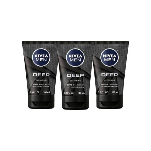 Nivea Men DEEP Cleansing Beard and Face Wash, Enriched with Natural Charcoal, 3 Pack of 3.3 Fl Oz Tubes