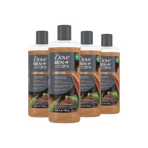 DOVE MEN + CARE Body Wash For Fresh, Healthy-Feeling Skin Sandalwood + Cardamom Oil Cleanser That Effectively Washes Away Bacteria While Nourishing Your Skin 18 oz 4 Count